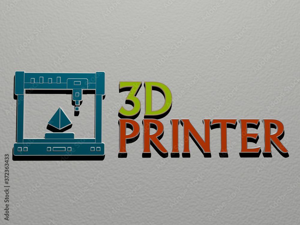 Fototapete 3d illustration of 3d printer graphics and text made by metallic dice letters for the related meanin