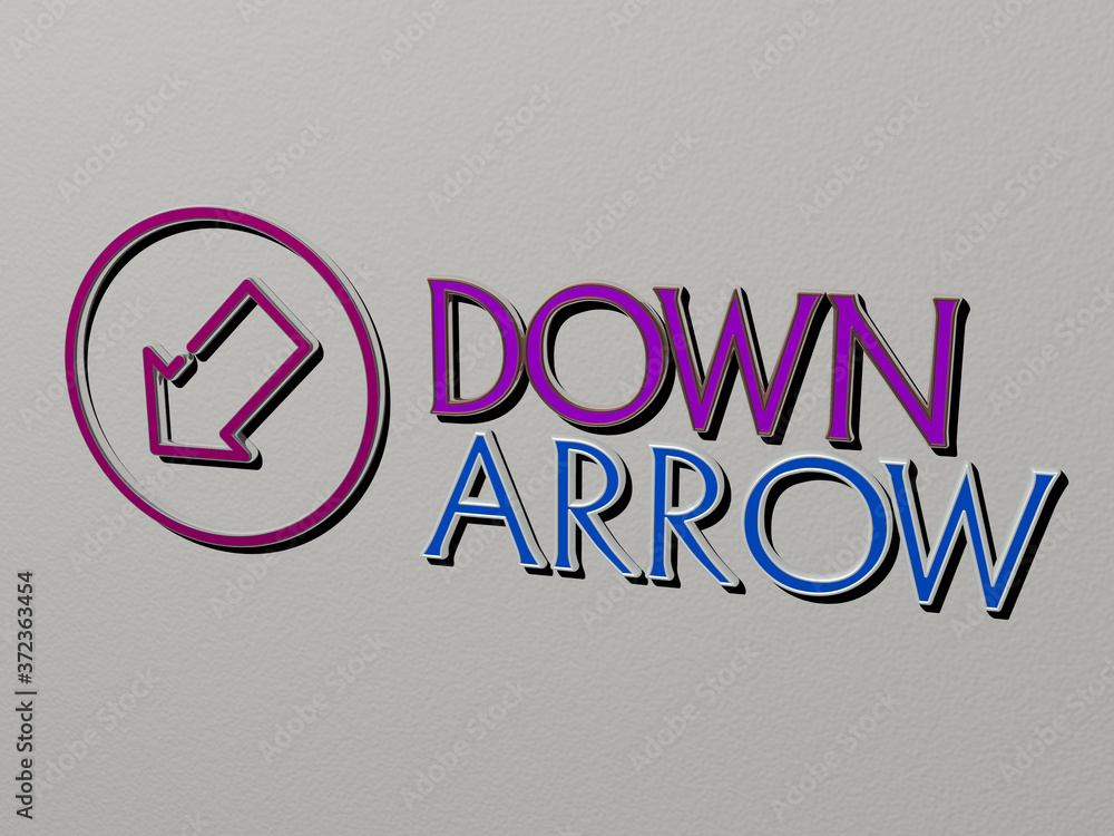 Poster 3d representation of down arrow with icon on the wall and text arranged by metallic cubic letters on