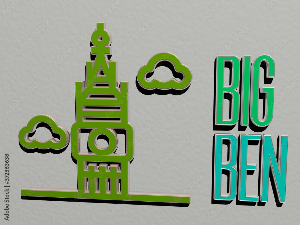 Poster 3d representation of big ben with icon on the wall and text arranged by metallic cubic letters on a 