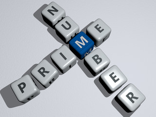 prime number crossword by cubic dice letters, 3D illustration for editorial and amazon