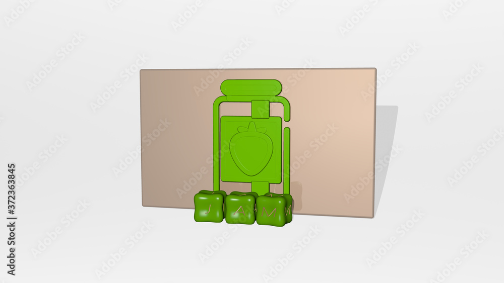 Poster 3d representation of jam with icon on the wall and text arranged by metallic cubic letters on a mirr