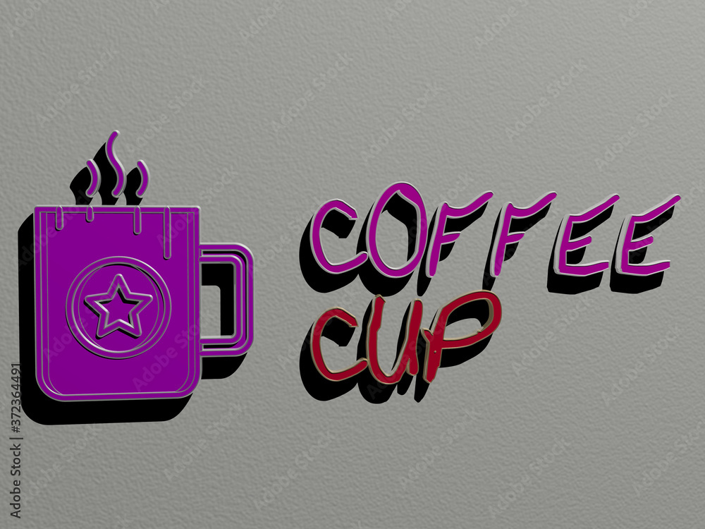 Poster 3d representation of coffee cup with icon on the wall and text arranged by metallic cubic letters on