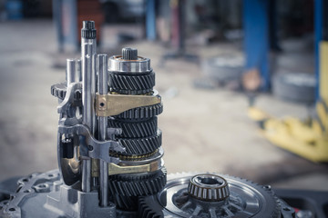 car gearbox disassembled on a table in car service. Close up