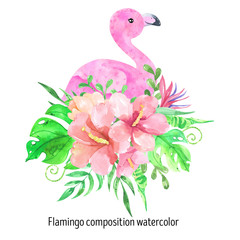 Watercolor flamingo tropics composition card, exotic bird with palm leaves illustration set of fashion birdie isolated on white background