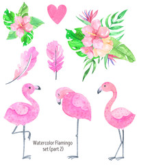 Flamingo watercolor tropical pink flamingo clipart and exotic bird with palm leaves, monstera illustration
