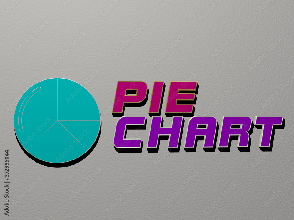 Poster 3d graphical image of pie chart vertically along with text built by metallic cubic letters from the 