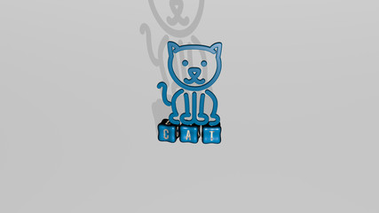 cat 3D icon object on text of cubic letters, 3D illustration for animal and background