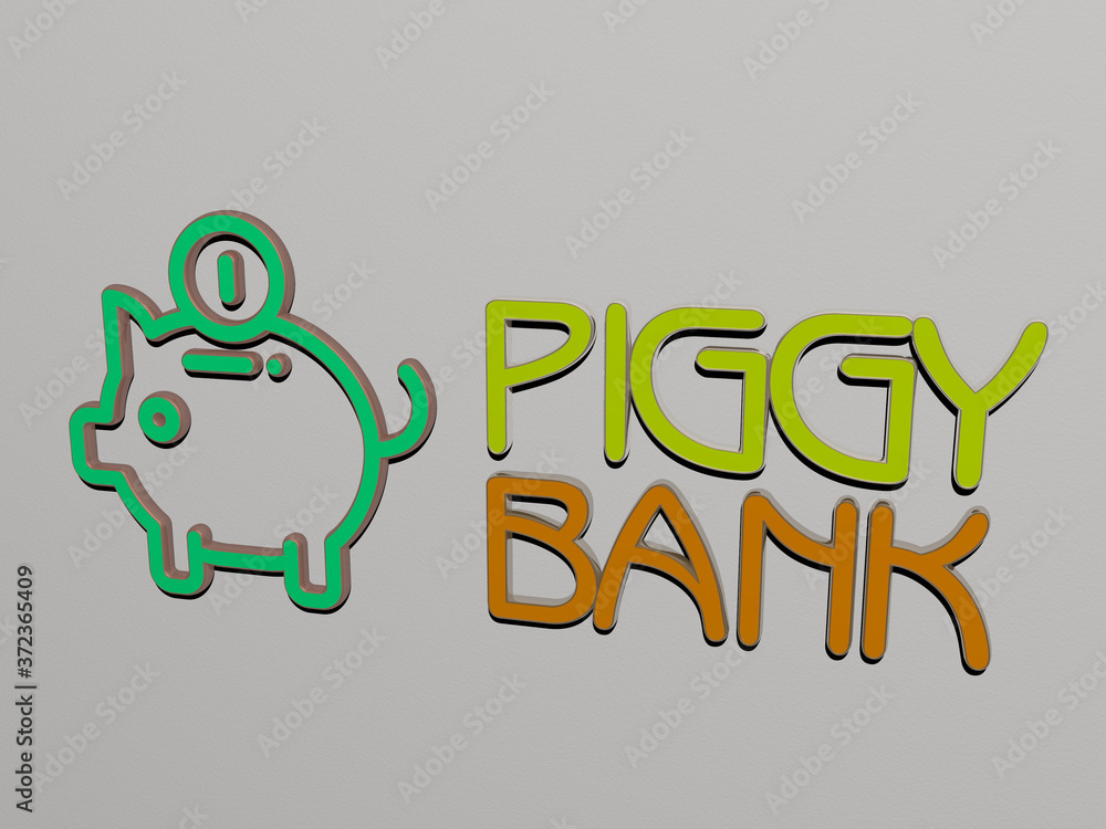 Poster 3d representation of piggy bank with icon on the wall and text arranged by metallic cubic letters on