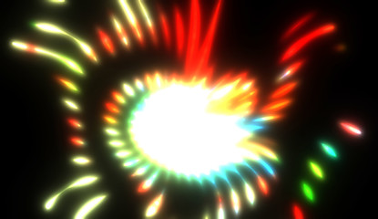 Dynamic rays of light isolated on black background. Graphic 2D illustration of glowing colorful light particles.