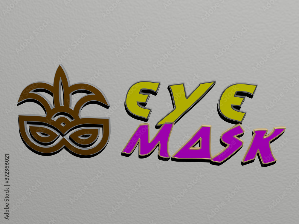 Poster 3d graphical image of eye mask vertically along with text built by metallic cubic letters from the t