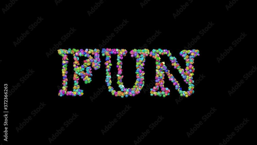 Aufkleber fun: 3d illustration of the text made of small objects over a black background with shadows for happ