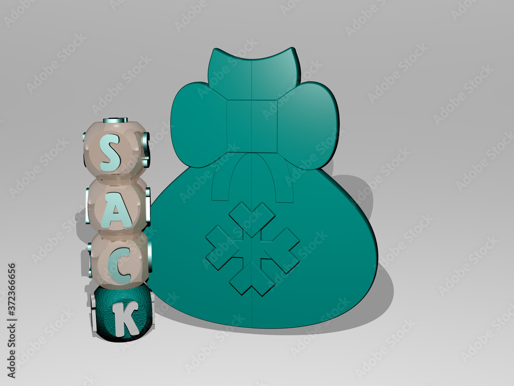Poster 3d graphical image of sack vertically along with text built around the icon by metallic cubic letter