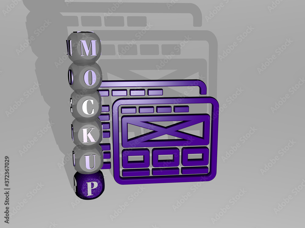 Poster 3d graphical image of mockup vertically along with text built around the icon by metallic cubic lett