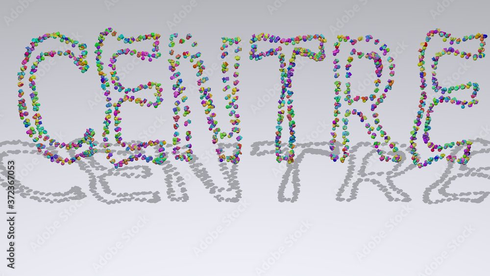 Poster colorful 3d writting of centre text with small objects over a white background and matching shadow f