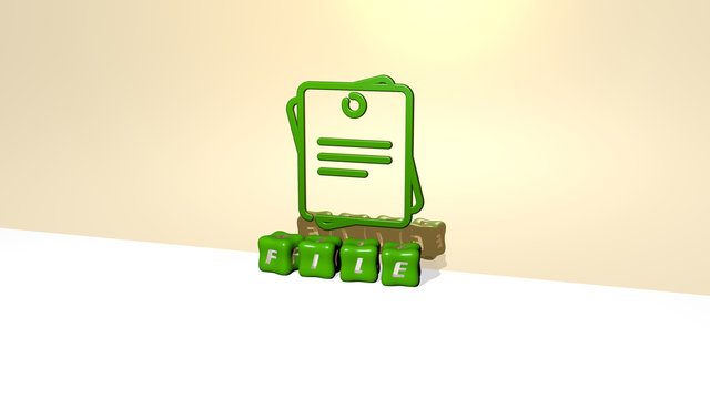 3D illustration of file graphics and text made by metallic dice letters for the related meanings of the concept and presentations for icon and background