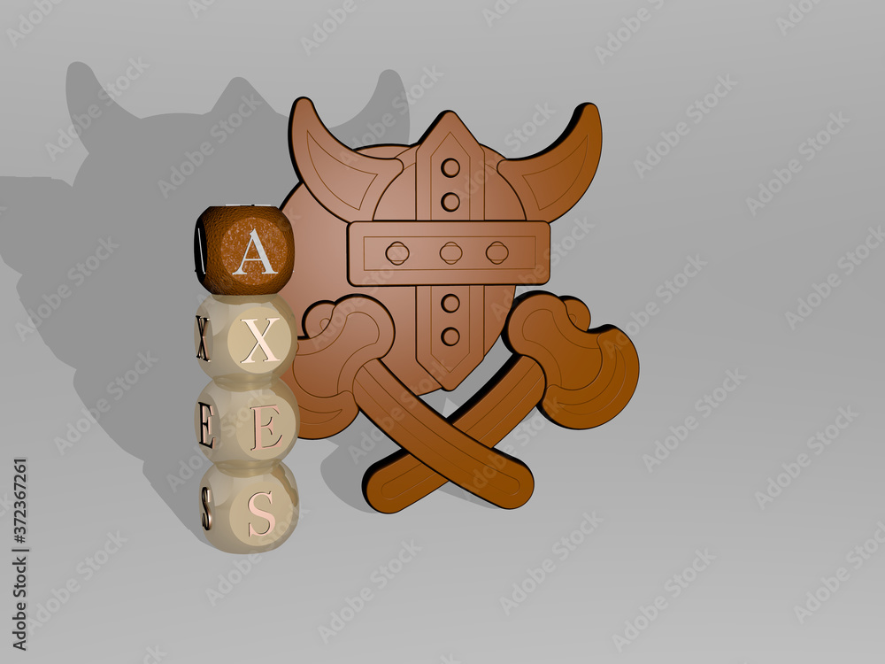 Poster 3d graphical image of axes vertically along with text built around the icon by metallic cubic letter
