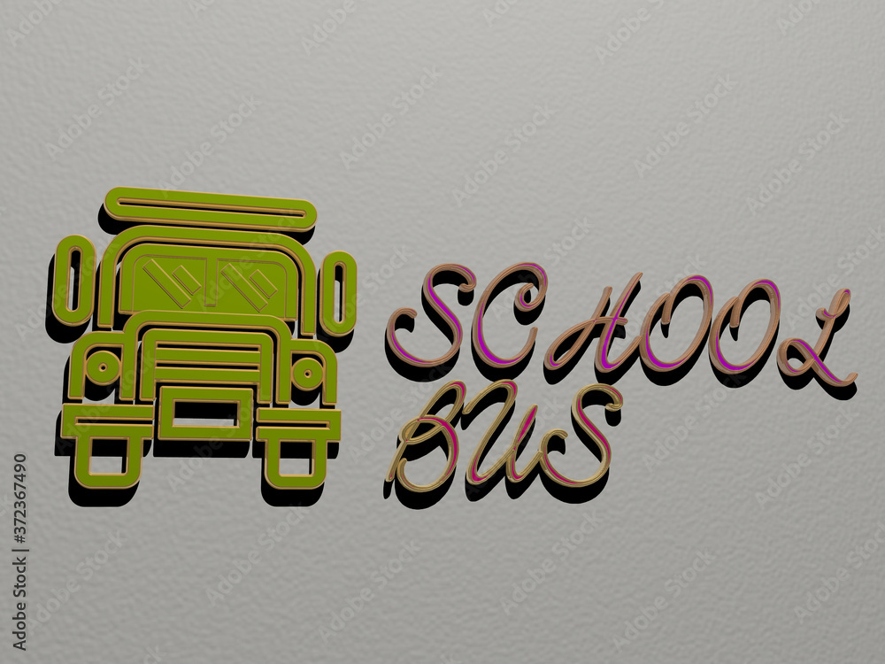 Poster 3d graphical image of school bus vertically along with text built by metallic cubic letters from the