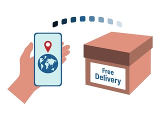 Hand holding mobile smart phone with tracking application delivery by map. Vector modern flat creative graphic design info application.