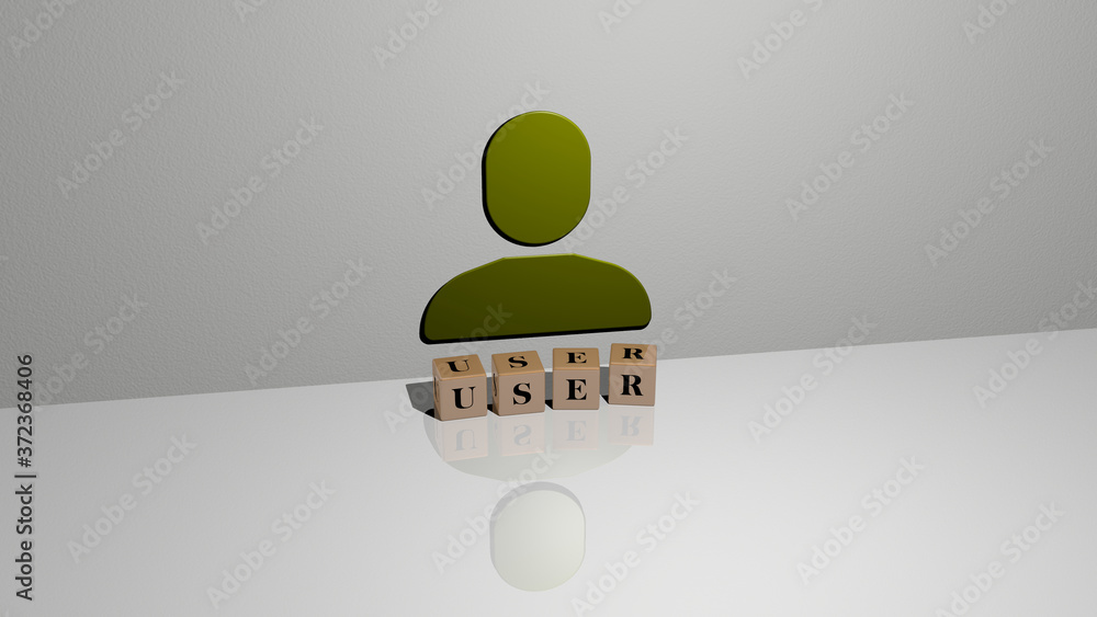 Poster user text of cubic dice letters on the floor and 3d icon on the wall, 3d illustration for interface 