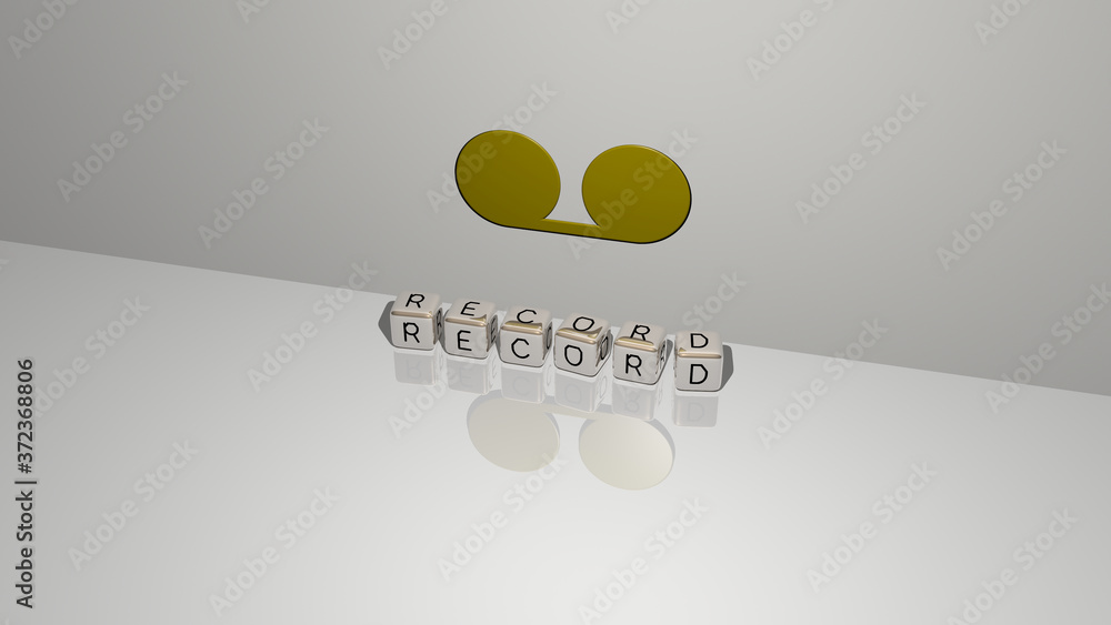 Poster record text of cubic dice letters on the floor and 3d icon on the wall, 3d illustration for backgrou