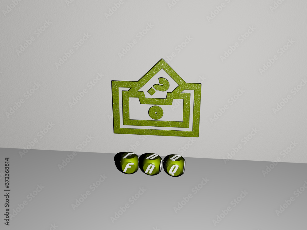 Poster 3d graphical image of faq vertically along with text built by metallic cubic letters from the top pe