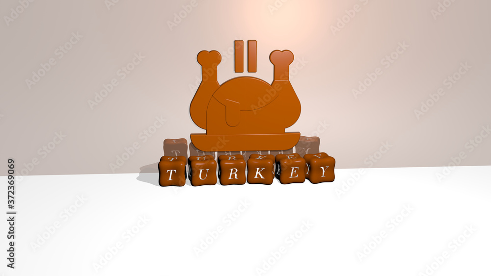 Poster 3d graphical image of turkey vertically along with text built by metallic cubic letters from the top