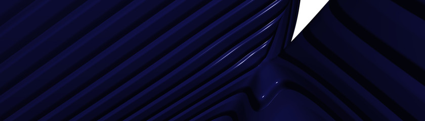 Obraz premium Ultra wide 3D illustration of a geometrical shape of midnight blue color on a white abstract background as a curved and glossy surface with direct light reflection for clock and christmas