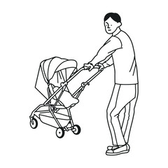 ベビーカーを乗せた赤ちゃんと散歩する男の人のモノクロイラスト