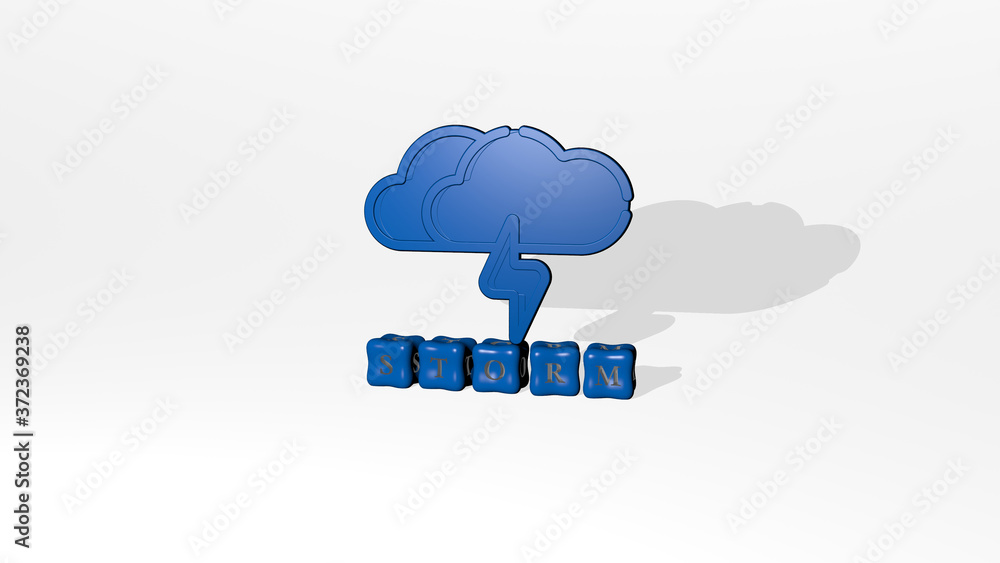 Poster storm 3d icon object on text of cubic letters, 3d illustration for background and clouds
