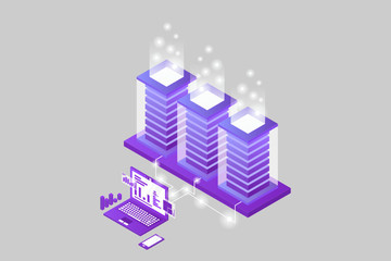 Transfer of user data to the server. Data flow. Data storage. Server. Digital space. Data center. Big Data. Conceptual illustration. Isometric vector illustration. 3D