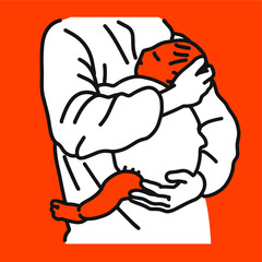 オレンジ背景-抱っこされて寝ている乳幼児のイラスト 
