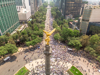 Vista aérea, el drone atrás del Ángel de la Independencia, de la concentración de personas que...