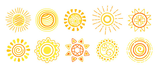 Sun doodle set. Hand drawn yellow bright cute suns. Funny happy childish sunny collection sketch. Sun with sunbeams cartoon sketch. For poster, print, card or books. Isolated vector illustration