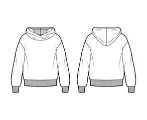 Oversized cotton-fleece hoodie technical fashion illustration with relaxed fit, long sleeves. Flat outwear jumper apparel template front, back white color. Women, men, unisex sweatshirt top CAD mockup