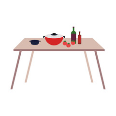 wooden table with kitchen icons and bottles, in white background vector illustration design