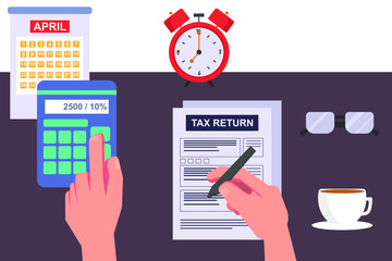 Tax return calculation vector concept: hands filling tax return form and doing the calculation