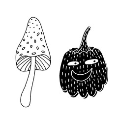 Halloween pumpkin and mushrooms. Hand-drawn in doodle style.