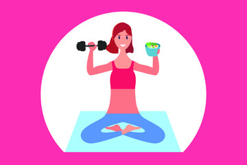 Healthy lifestyle vector concept: Happy woman holding a bowl of salad and lifting barbells