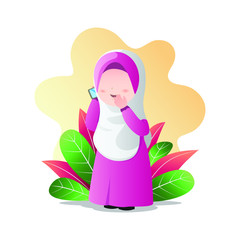 Muslim girl wearing hijab with phone in hand, calling and talking cartoon character vector design.