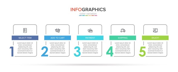 Concept of shopping process with 5 successive steps. Five colorful graphic elements. Timeline design for brochure, presentation, web site. Infographic design layout.