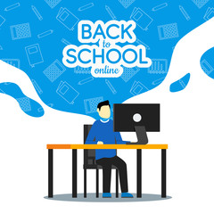 back to school online poster with boy illustration. online learning