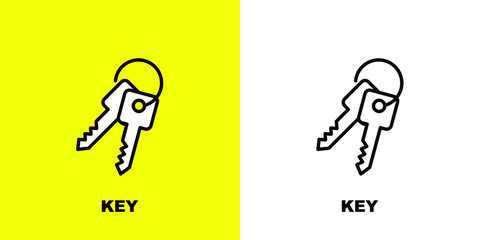 Key in a keychain. Black white vector illustration.