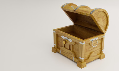 New antique treasure chest, made of teak, reinforced with metal plates and pins, locked with a golden padlock. White floor and background.3D Rendering