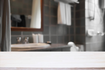 Empty wooden desk space hotel bathroom or toilet  background for product display montage.