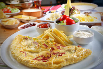 breakfast table with jambon ham bacon omelet