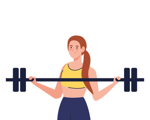 young woman doing exercises with weight bar, sport recreation exercise vector illustration design