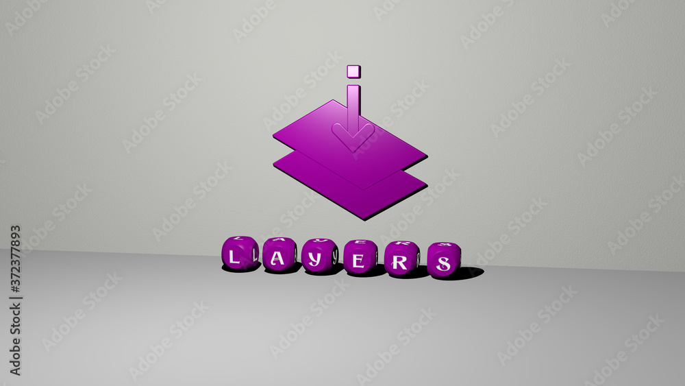 Poster layers 3d icon on the wall and text of cubic alphabets on the floor, 3d illustration for background 