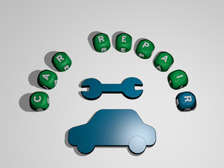 car repair icon surrounded by the text of individual letters, 3D illustration for auto and automobile