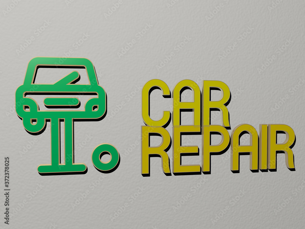 Poster 3d graphical image of car repair vertically along with text built by metallic cubic letters from the