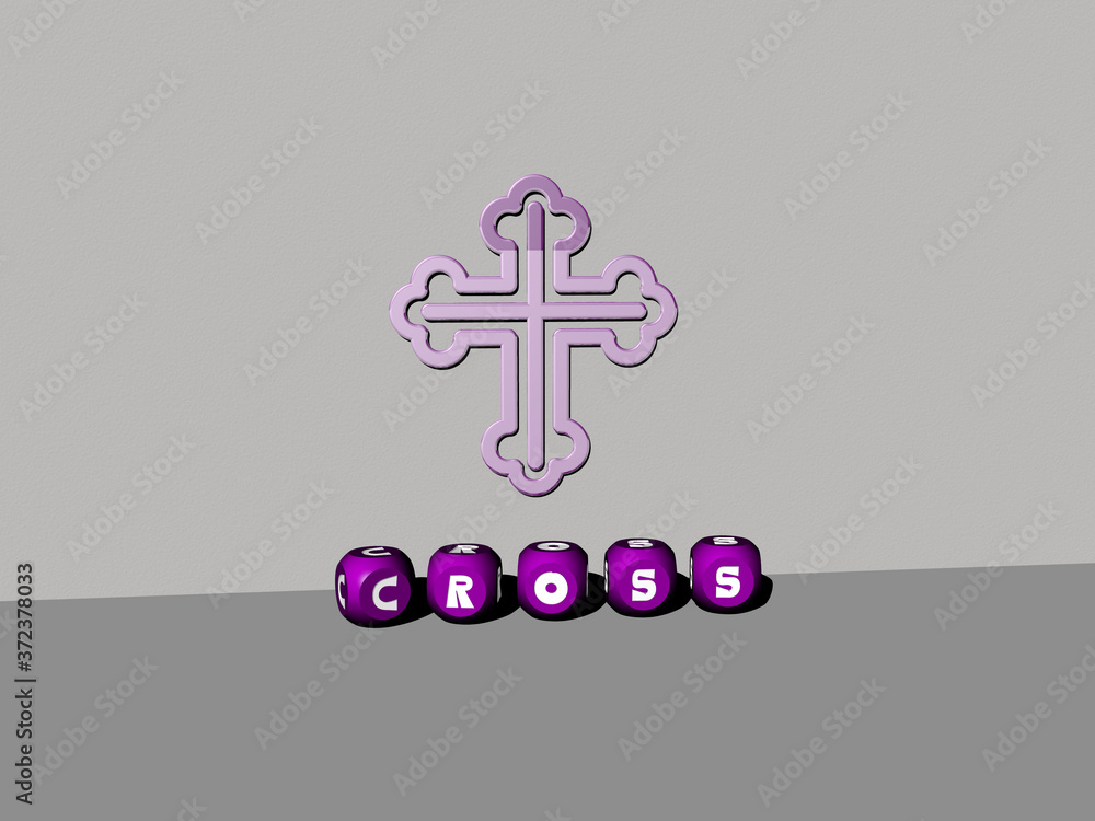 Poster 3d graphical image of cross vertically along with text built by metallic cubic letters from the top 
